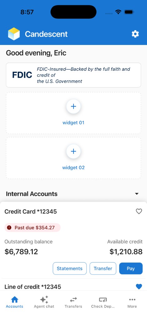 Mobile Playground home screen showing greeting, FDIC banner, widget slots 01 and 02, and accounts section