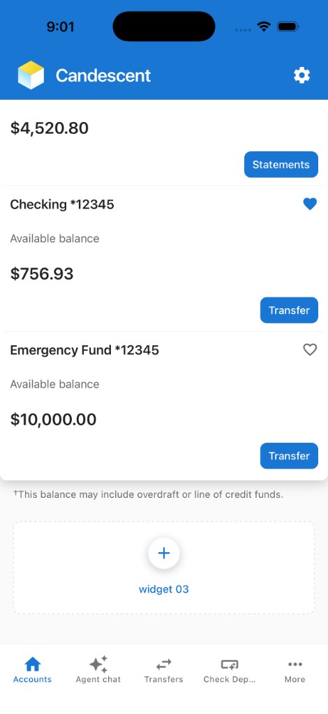 Mobile Playground home screen scrolled down showing account cards and widget slot 03