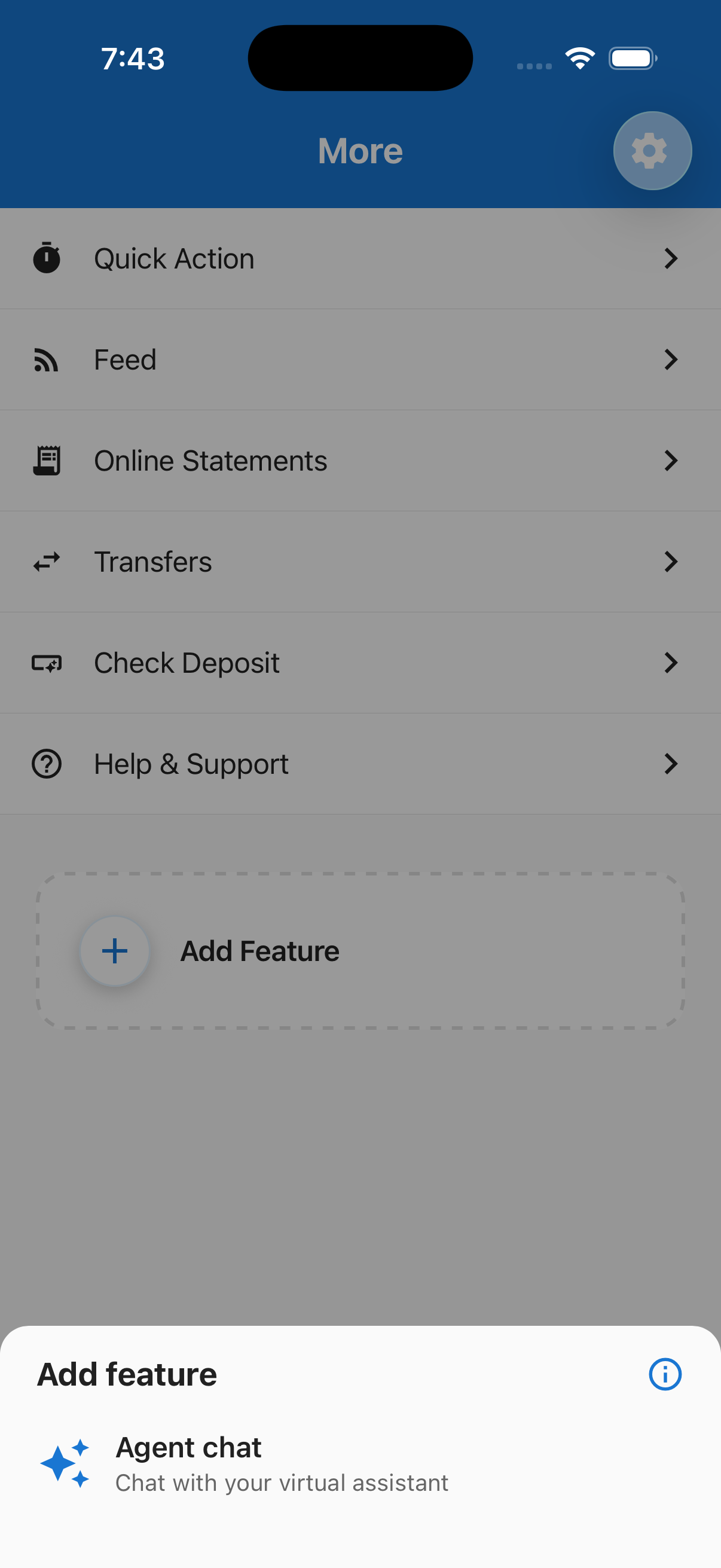 More menu with Add Feature picker open showing Agent chat