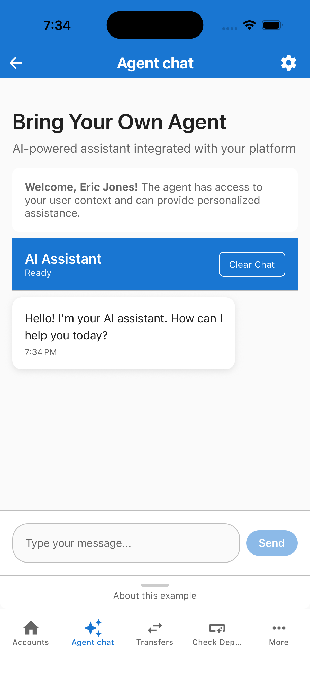 Agent chat feature screen opened from More menu