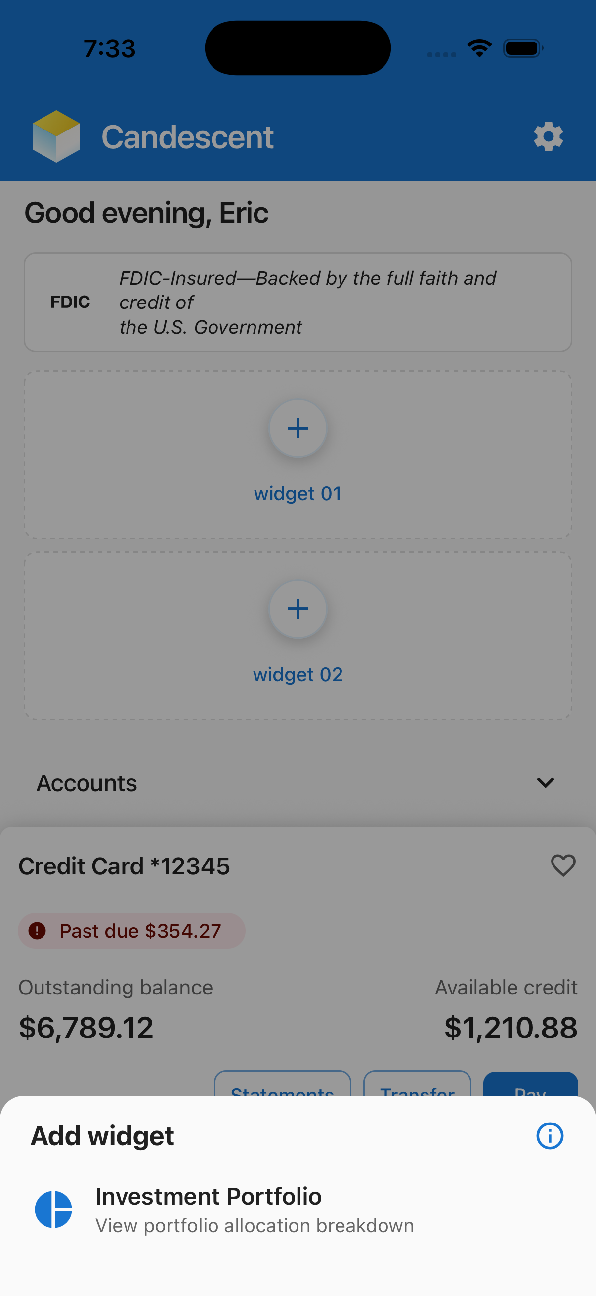 Add widget modal showing Investment Portfolio in the picker